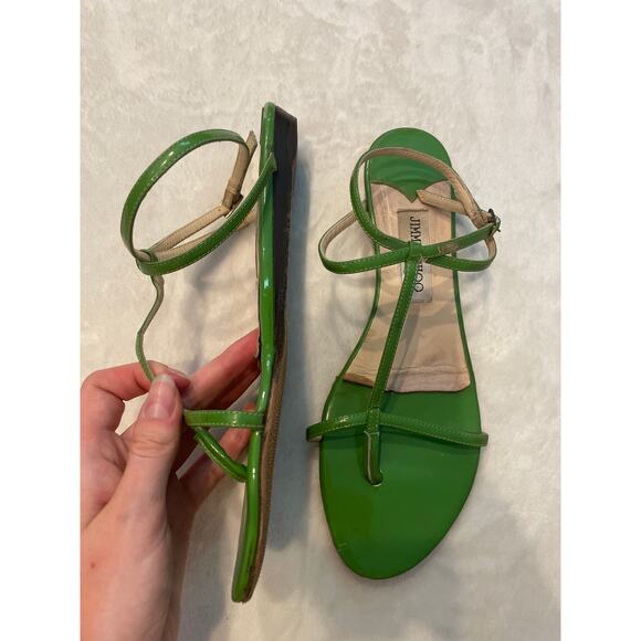 JIMMY CHOO Fiona Strappy Sandals Green Leather 39 9 Flat Minimalist T-Strap $699 - Picture 2 of 5